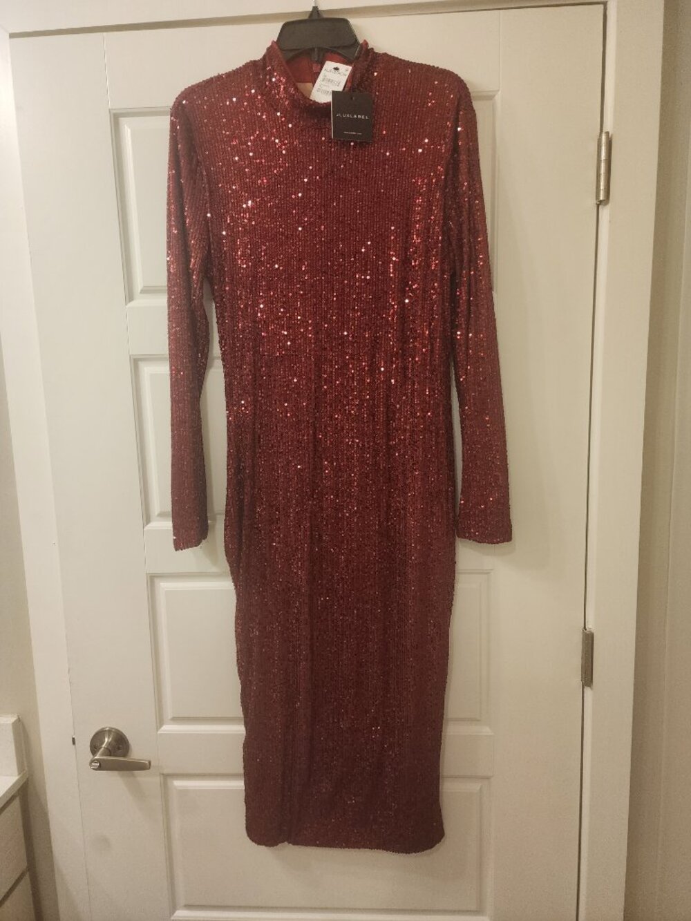 JLUXLABEL Red Sequin Midi Dress – Long Sleeve Glam